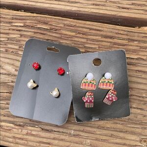 4 Pair Colorful Earrings Stud Winter Hat Mittens Cat Head & Ruby Gem